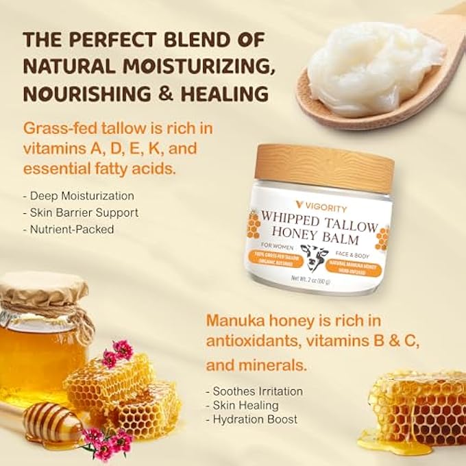 VIGORITY BEEF TALLOW AND HONEY BALM: ORGANIC GRASS FED WHIPPED BEEF TALLOW FOR SKIN - BEEF TALLOW FACE MOISTURIZER INFUSED WITH MANUKA HONEY, BEESWAX AND OLIVE OIL - 2 OZ, UNSCENTED - Image 4